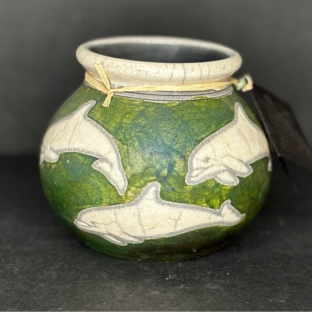 Jeremy Diller Raku Pottery Art 3 Dolphins Signed Very Nice Mint Condition